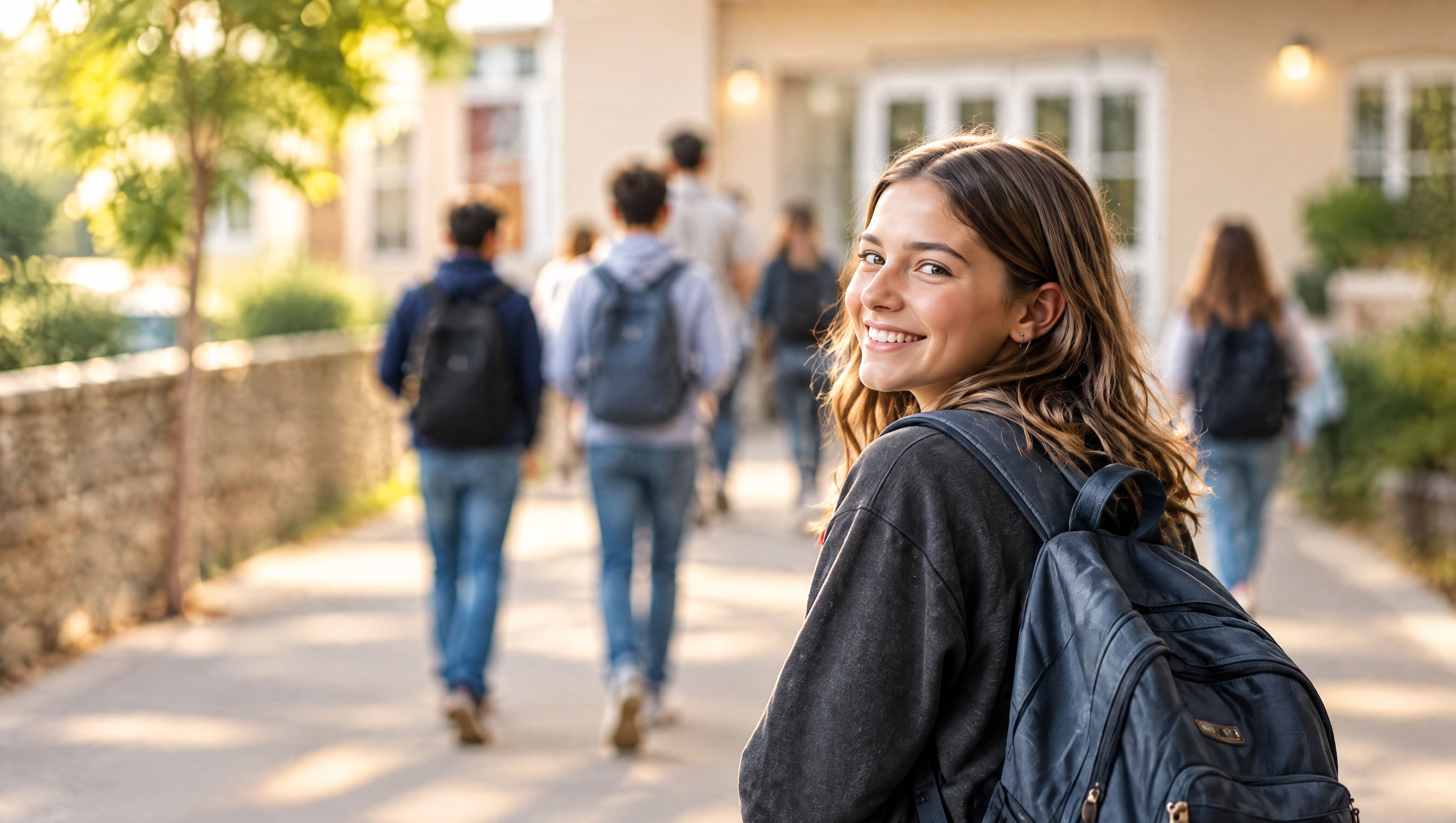 Studentka před budovou školy, v pozadí spolužáci mířící ke vchodu.