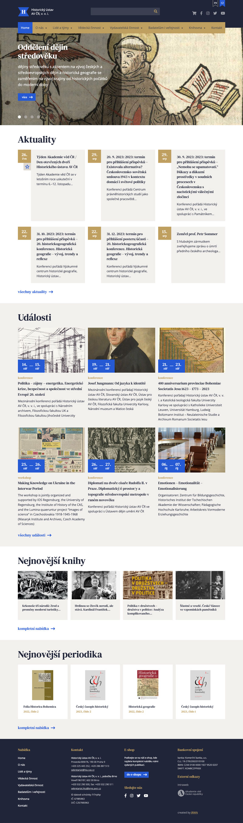 Úvodní strana webu Historického ústavu AV ČR: hlavička s navigací, aktuality, události, nejnovější knihy a periodika.